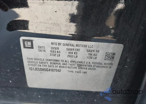 2016 Chevrolet Sonic Lt Auto z USA, uszkodzony, nr VIN 1G1JC5SH5G4167042